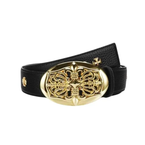Belt Chrome Hearts Black Leather Gold Buckle CH067
